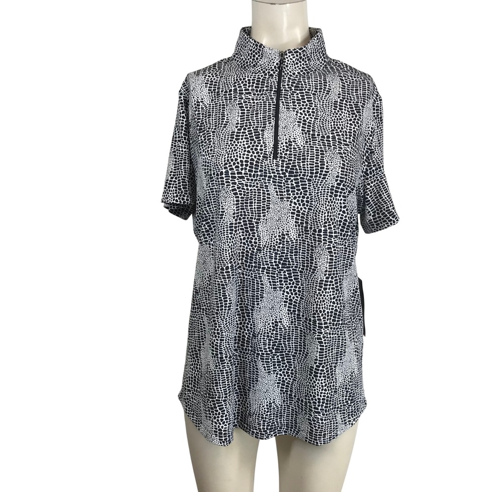 IBKUL Womens Polo Shirt Sz‎ L Short Sleeve Mock Neck 1/4 Zip Snake Print